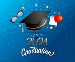 classe di 2024 la laurea congratulazioni, creativo bandiera con 3d elementi vettore