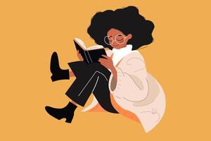 giovane nero ragazza lettura un' libro. moderno piatto di moda illustrazione. giovane alunno con Aperto libro studiando per esame. amore per leggere vettore