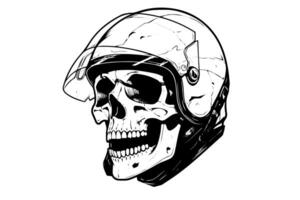 cranio nel un' motociclo casco mano disegnato inchiostro schizzo. inciso stile illustrazione. vettore