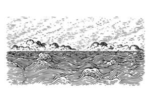 Vintage ▾ mare onda schizzo inciso illustrazione di natura paesaggio. vettore