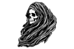 Morte cranio nel un' burqa mano disegnato inchiostro schizzo. inciso stile illustrazione. vettore