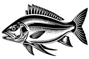 Vintage ▾ pesce inciso logotipo schizzo. incisione retrò tonno o sgombro inchiostro icona. vettore