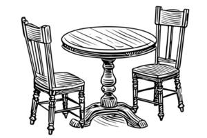 il giro di legno tavolo con sedie mano disegnato inchiostro schizzo. incisione stile Vintage ▾ illustrazione. vettore