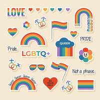 impostato di LGBTQ etichetta con arcobaleno bandiera elementi, Genere segni, orgoglio mese simboli, slogan e frasi. gay parata celebrazione. vettore
