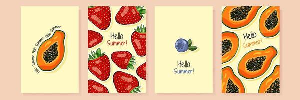 Ciao estate impostato con papaia, fragole e mirtilli. colorato cartolina, striscione, manifesto modello con frutta. vettore