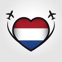 Olanda viaggio cuore bandiera con aereo icone vettore