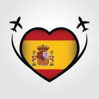 Spagna viaggio cuore bandiera con aereo icone vettore