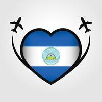 Nicaragua viaggio cuore bandiera con aereo icone vettore