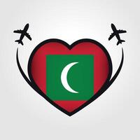 Maldive viaggio cuore bandiera con aereo icone vettore