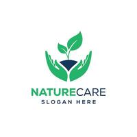 piantina logo design. foglia e mano, cura natura logo design vettore