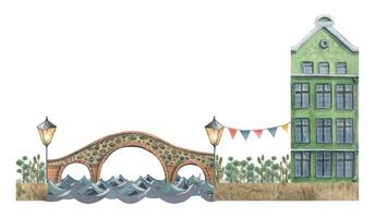 acquerello illustrazione di un' composizione di carino vecchio cittadina case. europeo multicolore case, ponti, cartone animato alberi, strada lampada, piccioni, nuvole. per il design di cartoline, manifesti, banner vettore