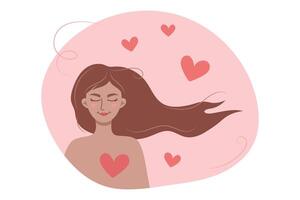 illustrazione di un' donna con lungo rosa capelli, cuori in giro sua testa, e un' dolce gesto. sua acconciatura, ciglia, sopracciglia, guance, labbra, e mento siamo meravigliosamente dettagliato vettore