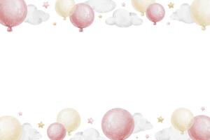 telaio di rosa aria palloncini nuvole e stelle . acquerello isolato mano disegnato illustrazione. ghirlanda per cartoline, decorazione di figli di camere e festa, bambino doccia e compleanno carte vettore