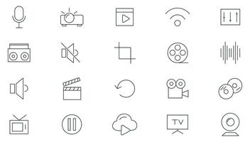 multimedia, cinema e divertimento linea icone impostare. schema icona collezione. magro schema icone pacchetto. vettore
