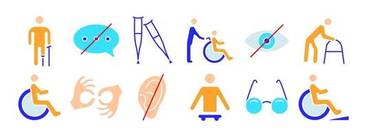 invalidità impostato icona. stampelle, discorso bolla, sedia a rotelle, aiutante, visione menomazione, camminatore, udito aiuto, cartello linguaggio, protesico arto, occhiali, rampa. accessibilità e supporto concetto. vettore