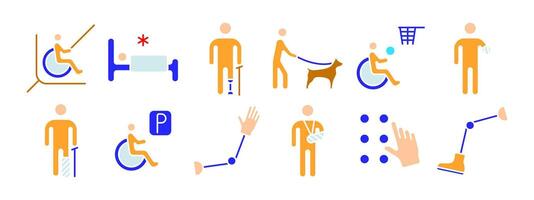 invalidità impostato icona. sedia a rotelle rampa, letto, stampelle, guida cane, sedia a rotelle pallacanestro, protesico gamba, lancio, parcheggio, protesico braccio, braille, sostegno. accessibilità e assistenza concetto. vettore