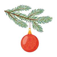 Natale albero ramo con rosso Natale sfera. moderno piatto stile rosso pallina. arredamento per Natale, nuovo anno e vacanze. mano disegnato isolato su bianca illustrazione vettore