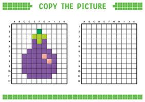 copia il immagine, completare il griglia Immagine. educativo fogli di lavoro disegno con piazze, colorazione cellula le zone. figli di prescolastico attività. cartone animato, pixel arte. viola melanzana illustrazione. vettore