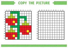 copia il immagine, completare il griglia Immagine. educativo fogli di lavoro disegno con piazze, colorazione cellula le zone. figli di prescolastico attività. cartone animato , pixel arte. ciliegia pomodoro illustrazione. vettore