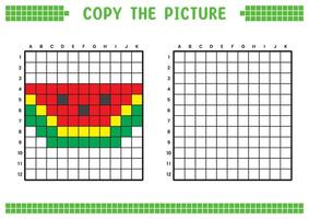 copia il immagine, completare il griglia Immagine. educativo fogli di lavoro disegno con piazze, colorazione cellula le zone. figli di prescolastico attività. cartone animato , pixel arte. anguria tagliare illustrazione. vettore