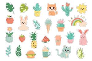 carino pastello etichetta impostare. mano disegnato cartone animato personaggi, cactus, foglie, frutta e Altro. kawaii stile etichetta collezione. vettore