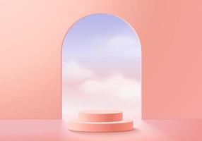 vettore di sfondo 3D rendering rosa con podio e scena nuvola minima, sfondo di visualizzazione prodotto minimo 3d reso forma geometrica cielo nuvola rosa pastello. fase 3D render prodotto in piattaforma