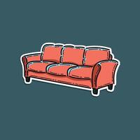divano e divani rosso colorato cartone animato illustrazione isolato nel un' blu sfondo. elegante confortevole rosso divano con arancia cuscini. medio secolo moderno arredamento, interno elemento. elegante divano vettore
