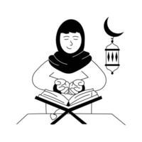 un' musulmano donna recitando santo corano, lettura Corano premio illustrazione vettore