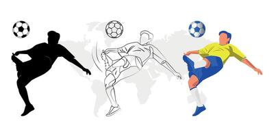 calcio giocatore calciando palla silhouette e linea disegno calcio giocatore illustrazione vettore