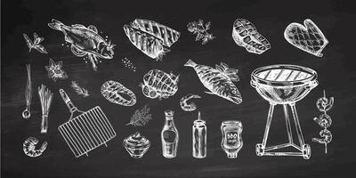 un' impostato di disegnato a mano schizzi di barbecue e picnic elementi, barbecue griglia, Strumenti, grigliato pesce, pesce bistecche. per il design di menù. Vintage ▾ illustrazione su lavagna sfondo. vettore