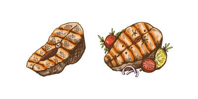 disegnato a mano colorato schizzo di pezzi di barbecue salmone bistecche. scarabocchio Vintage ▾ illustrazione. decorazioni per il menù. inciso Immagine. vettore