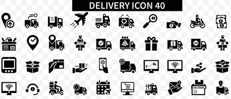 consegna icone impostare. 40 icona consegna, spedizione, la logistica simboli. piatto nero icone collezione. vettore