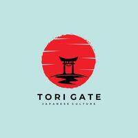 torii logo giapponese cultura simbolo illustrazione disegno, tori logo design tramonto cancello icona vettore