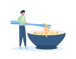 illustrazione di un' uomo utilizzando bastoncini per mangiare tagliatelle nel un' ciotola. uomo con bacchette. posate. piatto stile illustrazione concetto design. grafico elementi vettore