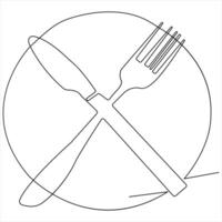 continuo singolo disegno di coltello forchetta cucchiaio schema illustrazione vettore