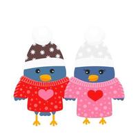 illustrazione vettoriale di piccioncini in adorabili maglioni e cappelli invernali in stile piatto cartone animato. colombe blu che tengono le ali in abiti invernali. coppia di uccelli è il simbolo del giorno di san valentino. simpatico biglietto di auguri