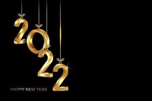 felice anno nuovo 2022. numeri 3d dorati appesi, banner tema natalizio. design per le vacanze per biglietto di auguri, invito, calendario, festa, vip di lusso in oro, vettore isolato su sfondo nero