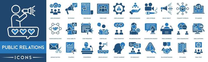 pubblico relazioni icona. media Fidanzamento, pr strategia, stampa pubblicazione, pubblico Immagine, crisi gestione, reputazione costruzione, media copertura, marca visibilità, Comunità sensibilizzazione, pr campagna vettore
