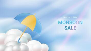 manifesto modello per grande monsone vendita design con colorato ombrello e nuvole. illustrazione vettore