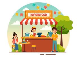 coreano cibo illustrazione con un' impostato menù di vario tradizionale e delizioso nazionale piatti nel un' piatto cartone animato stile sfondo vettore