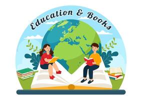 formazione scolastica e conoscenza libri illustrazione con persone studiando o lettura libri per apprendimento nel un' piatto stile cartone animato sfondo vettore