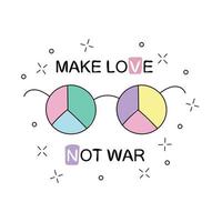 fate l'amore non fate la guerra. occhiali da sole hippie arcobaleno con segno di pace. vettore