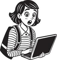 bambino Lavorando su il computer portatile illustrazione nero e bianca vettore