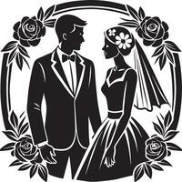 silhouette di sposa e sposo nero e bianca illustrazione vettore