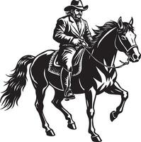 un' nero e bianca Immagine di un' cowboy su un' cavallo. nero e bianca illustrazione vettore