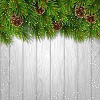 il bordo in alto è fatto di rami di abete sempreverde, pigne e fiocchi di neve. per decorazioni natalizie e biglietti di auguri. isolato, su fondo in legno chiaro. vettore