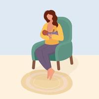 una donna dalla pelle bianca è seduta su una sedia e allatta un bambino dalla pelle scura. illustrazione in stile piatto su allattamento e matrimoni interetnici vettore
