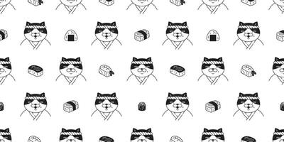 gatto senza soluzione di continuità modello Sushi Giappone cibo capocuoco gattino calicò animale domestico sciarpa isolato cartone animato animale piastrella sfondo ripetere sfondo illustrazione scarabocchio design vettore