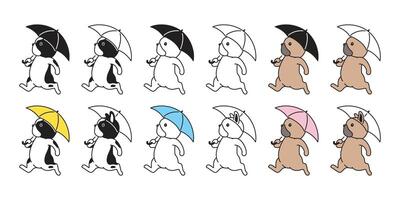cane francese bulldog icona ombrello pioggia cucciolo animale domestico razza zampa personaggio cartone animato simbolo sciarpa scarabocchio illustrazione design vettore