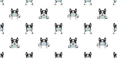 cane senza soluzione di continuità modello francese bulldog viso maschera covid19 coronavirus animale domestico cucciolo animale sciarpa isolato piastrella sfondo cartone animato scarabocchio ripetere sfondo illustrazione design vettore